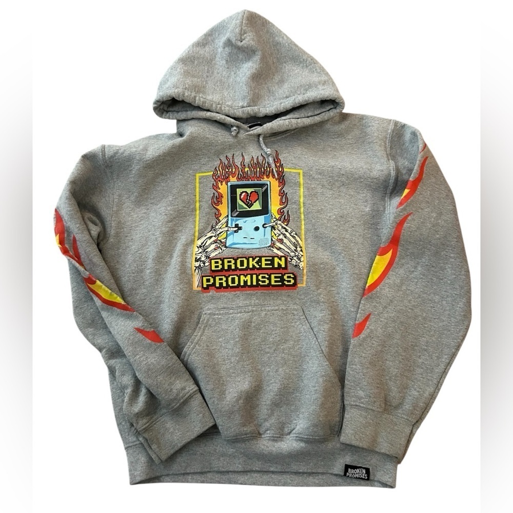 Broken Promises Gray Sweatshirt with Hood and Sleeve Design